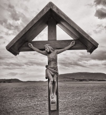 crucifix grayscale photo