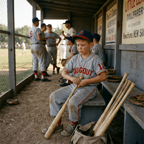 A young boy in a baseball uniform sitting on a bench in a dugout holding a bat, looking thoughtful